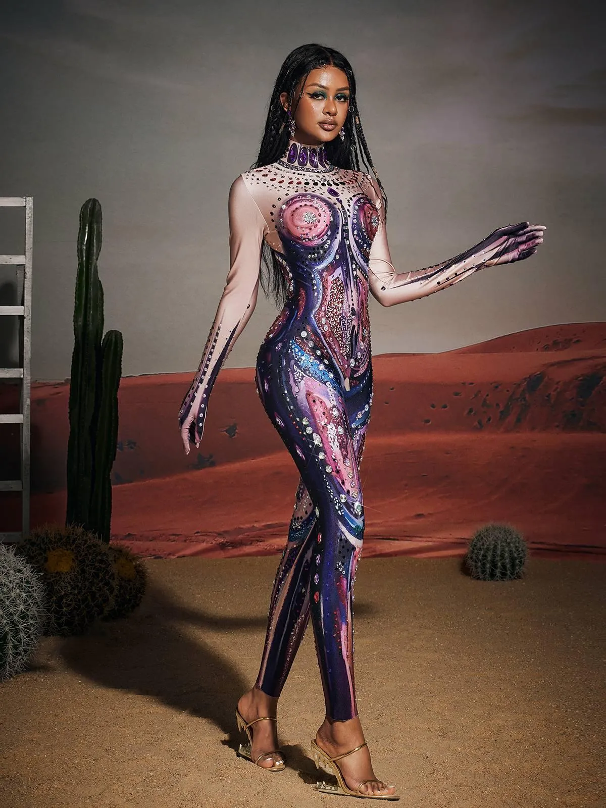 Jensen High Neck Printed Rhinestone Gloves Jumpsuit sold by Mew Mews product image thumbnail 5