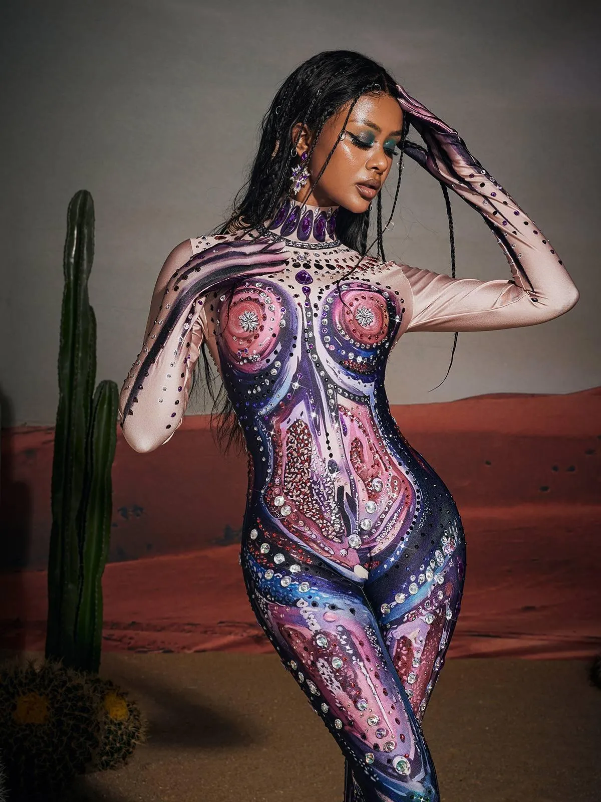 Jensen High Neck Printed Rhinestone Gloves Jumpsuit sold by Mew Mews product image thumbnail 2