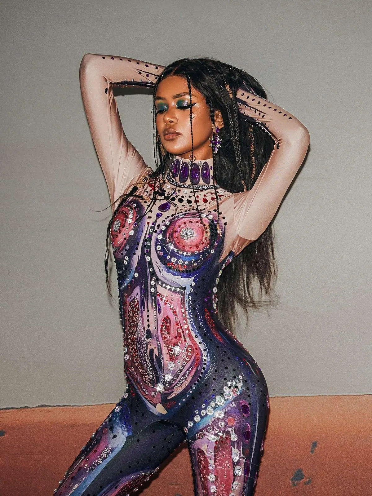 Jensen High Neck Printed Rhinestone Gloves Jumpsuit sold by Mew Mews product image thumbnail 4