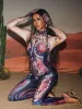 Jensen High Neck Printed Rhinestone Gloves Jumpsuit sold by Mew Mews