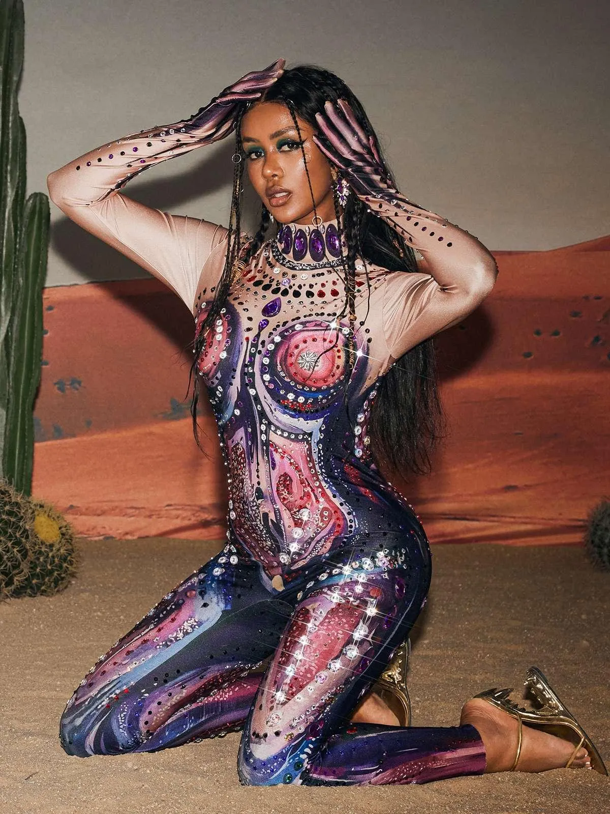 Jensen High Neck Printed Rhinestone Gloves Jumpsuit sold by Mew Mews product image thumbnail 3