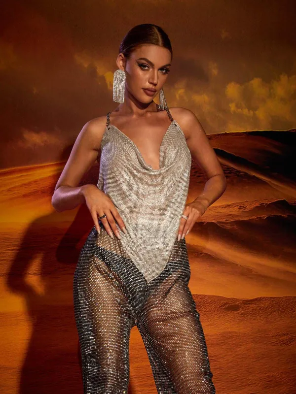 Elara V Neck Chainmail Top In Silver sold by Mew Mews