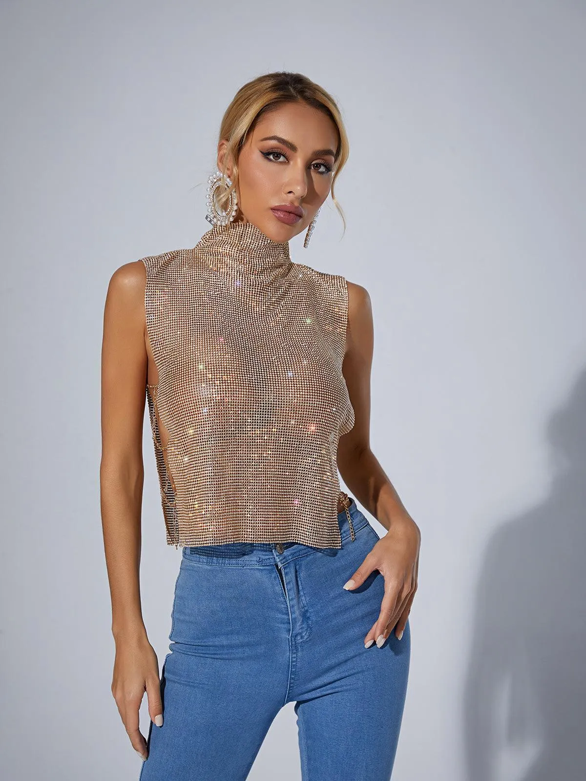 Marilyn Split Chain Chainmail Top In Gold sold by Mew Mews