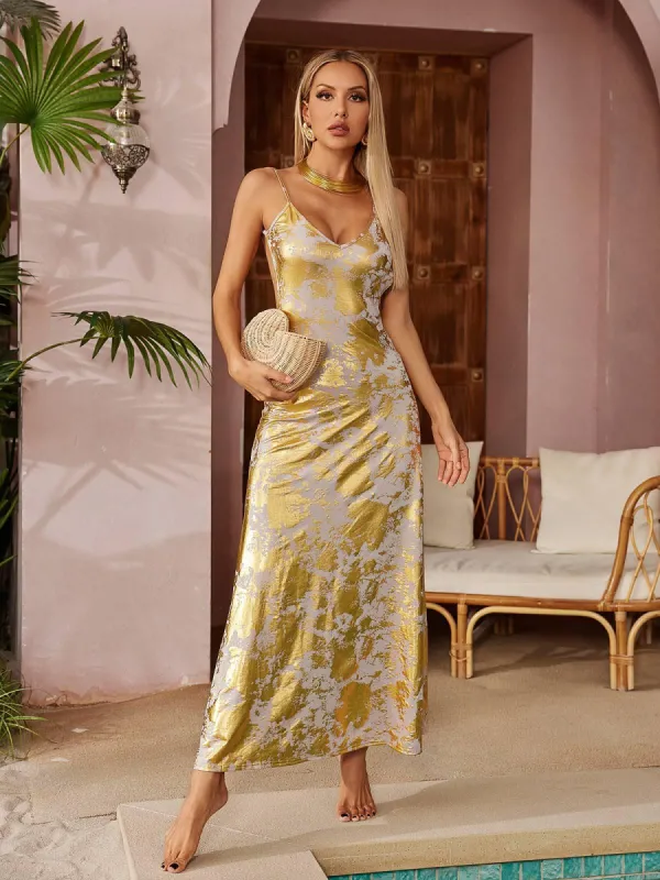 Remiel Backless Meatllic Maxi Dress sold by Mew Mews