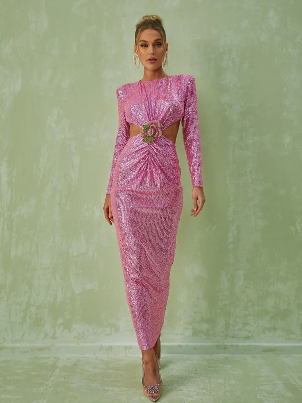 Aviva Long Sleeve Cutout Sequin Maxi Dress In Pink sold by Mew Mews