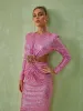 Aviva Long Sleeve Cutout Sequin Maxi Dress In Pink sold by Mew Mews
