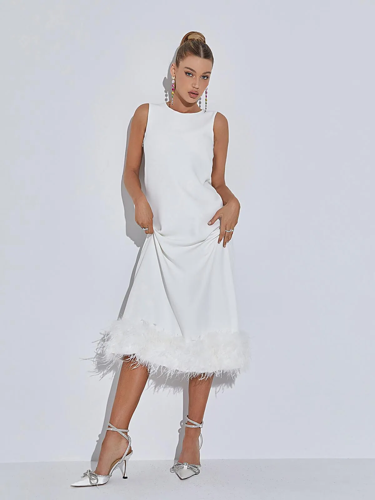 Nisha Feather Midi Dress In White sold by Mew Mews product image thumbnail 4