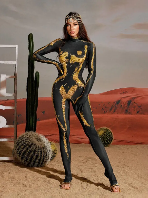 Radek Body Printed Rhinestone Gloves Jumpsuit In Gold sold by Mew Mews