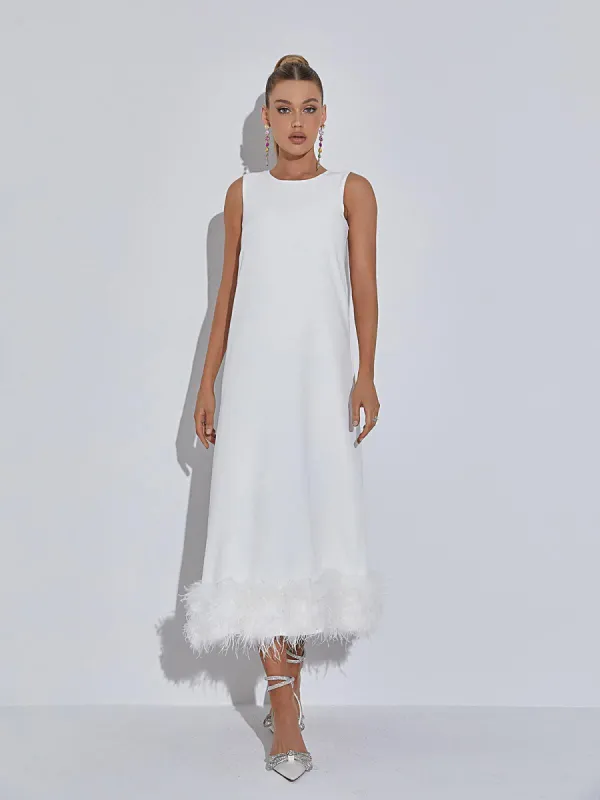 Nisha Feather Midi Dress In White sold by Mew Mews