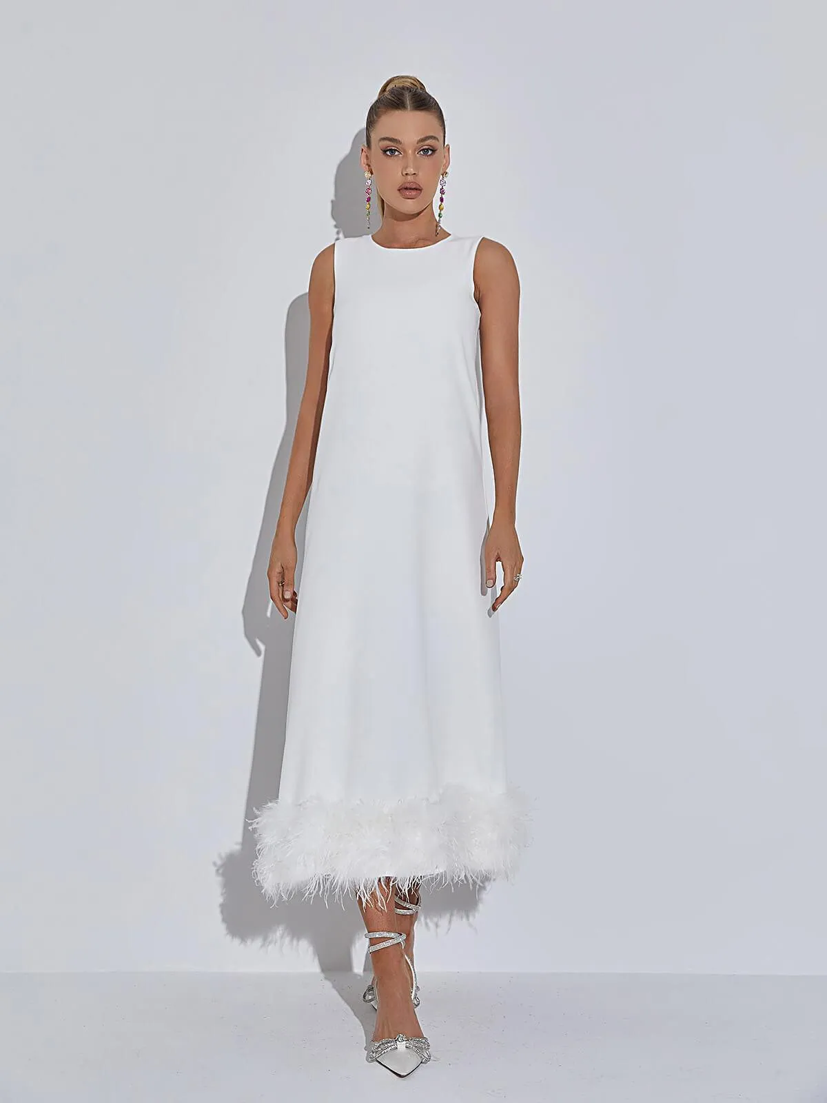 Nisha Feather Midi Dress In White sold by Mew Mews