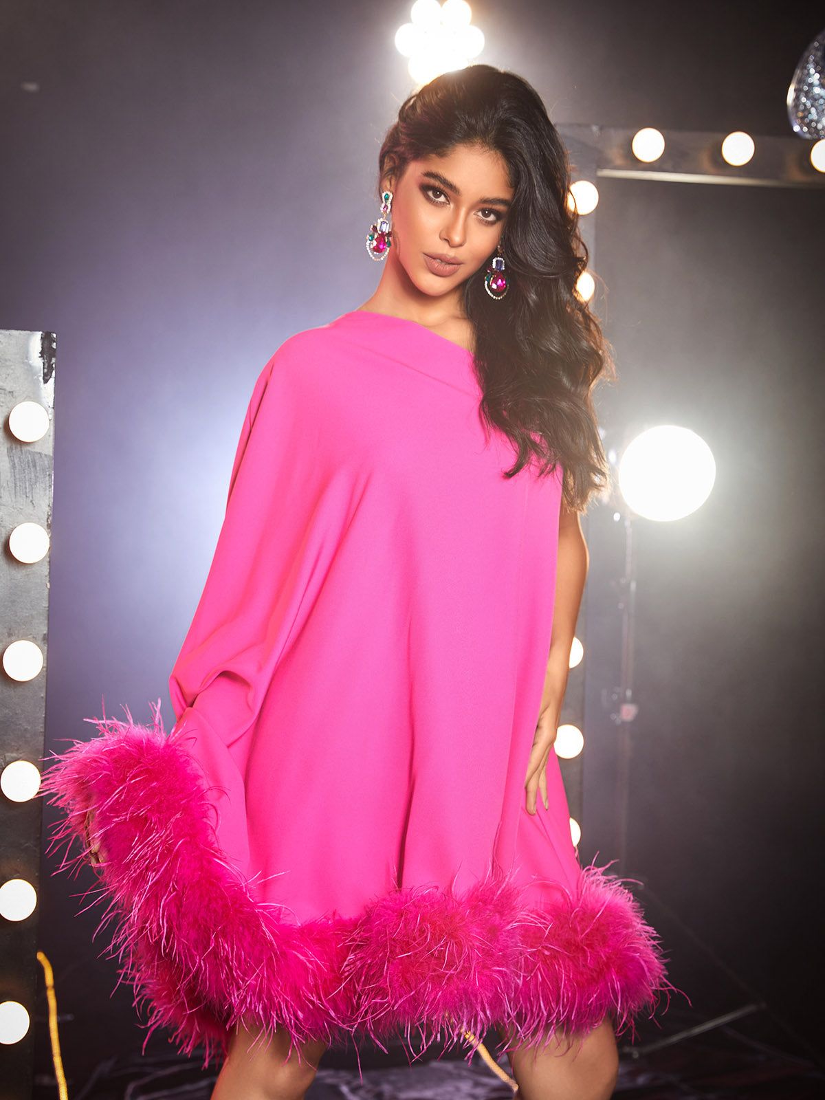 Ceridwen One Shoulder Feather Mini Dress In Hot Pink sold by Mew Mews product image thumbnail 4