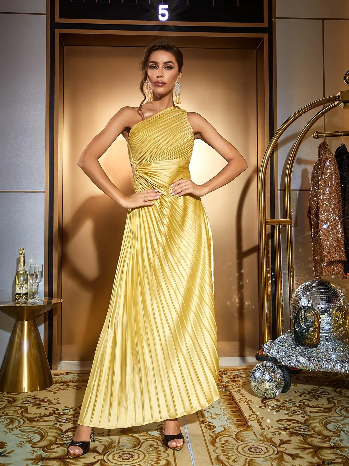 Miller One Shoulder Ruched Maxi Dress In Gold sold by Mew Mews product image thumbnail 4