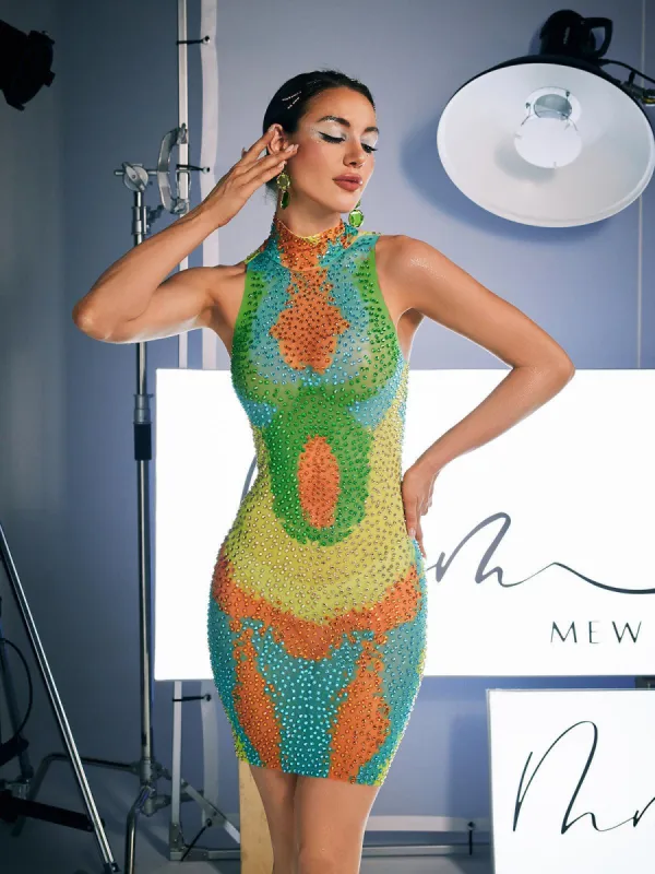 Aimee Print Crystal Embellished Mini Dress sold by Mew Mews