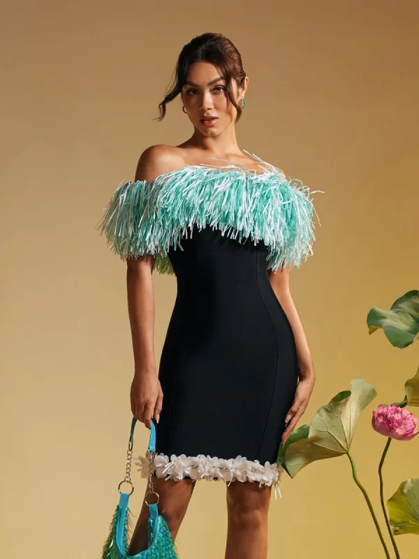 Koda Strapless Fringe Flower Bandage Mini Dress sold by Mew Mews