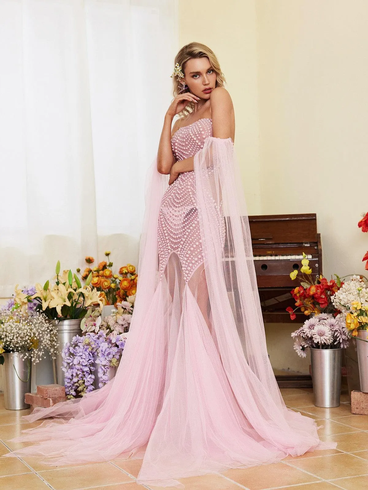 Evren Pearl Embellished Tulle Maxi Dress sold by Mew Mews product image thumbnail 3