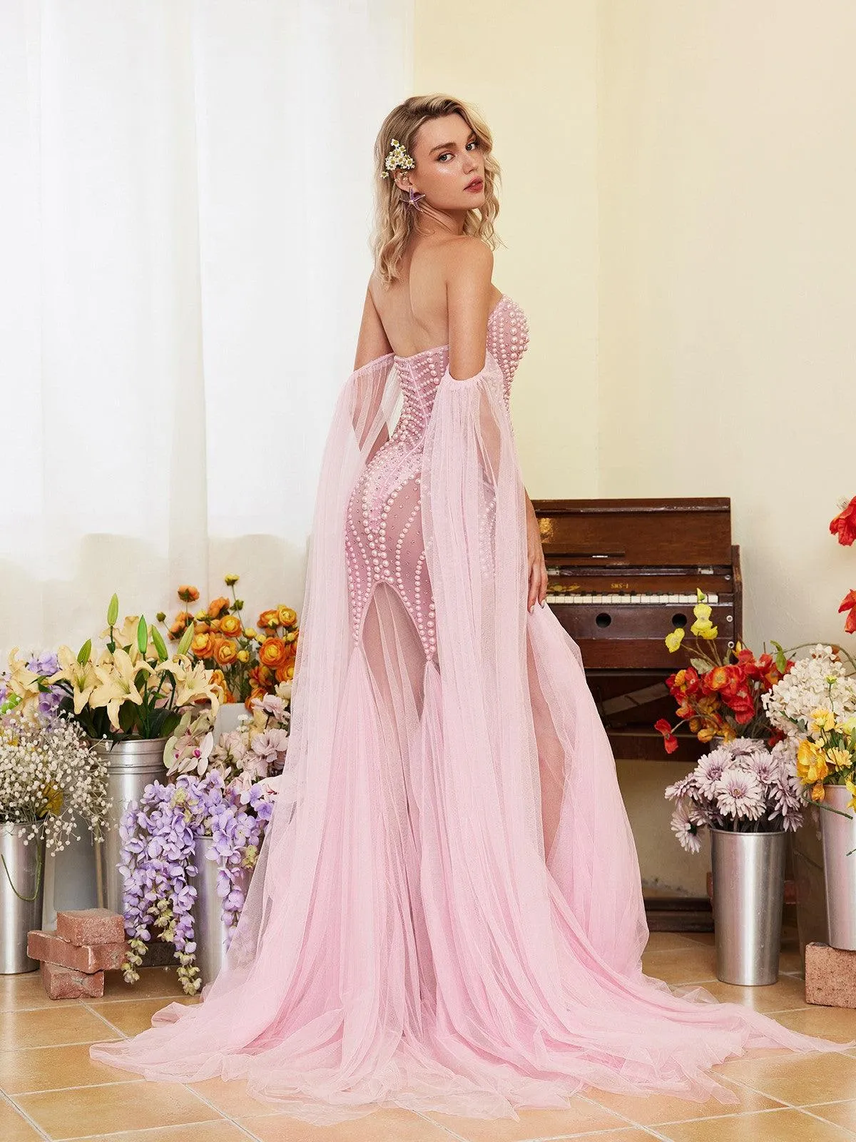 Evren Pearl Embellished Tulle Maxi Dress sold by Mew Mews product image thumbnail 5