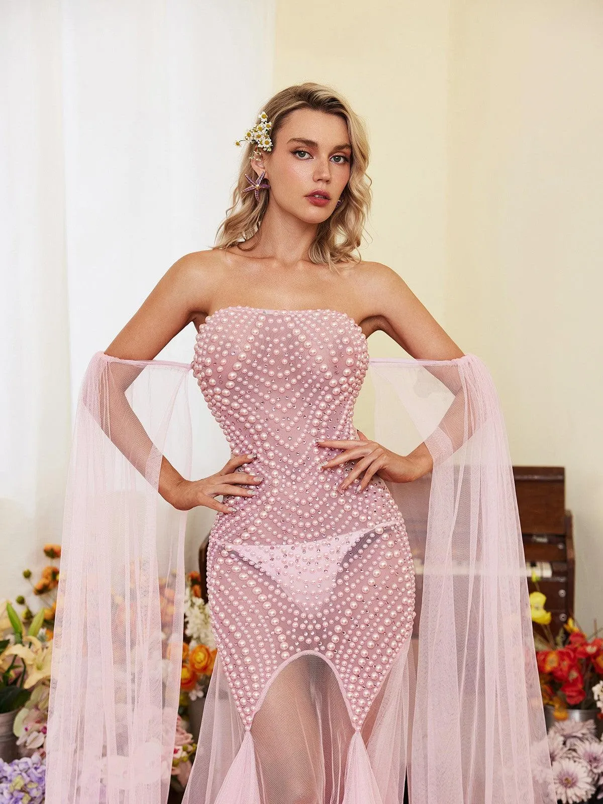 Evren Pearl Embellished Tulle Maxi Dress sold by Mew Mews product image thumbnail 4