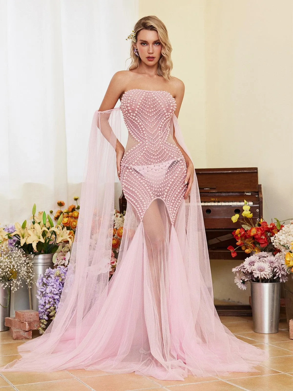 Evren Pearl Embellished Tulle Maxi Dress sold by Mew Mews product image thumbnail 2