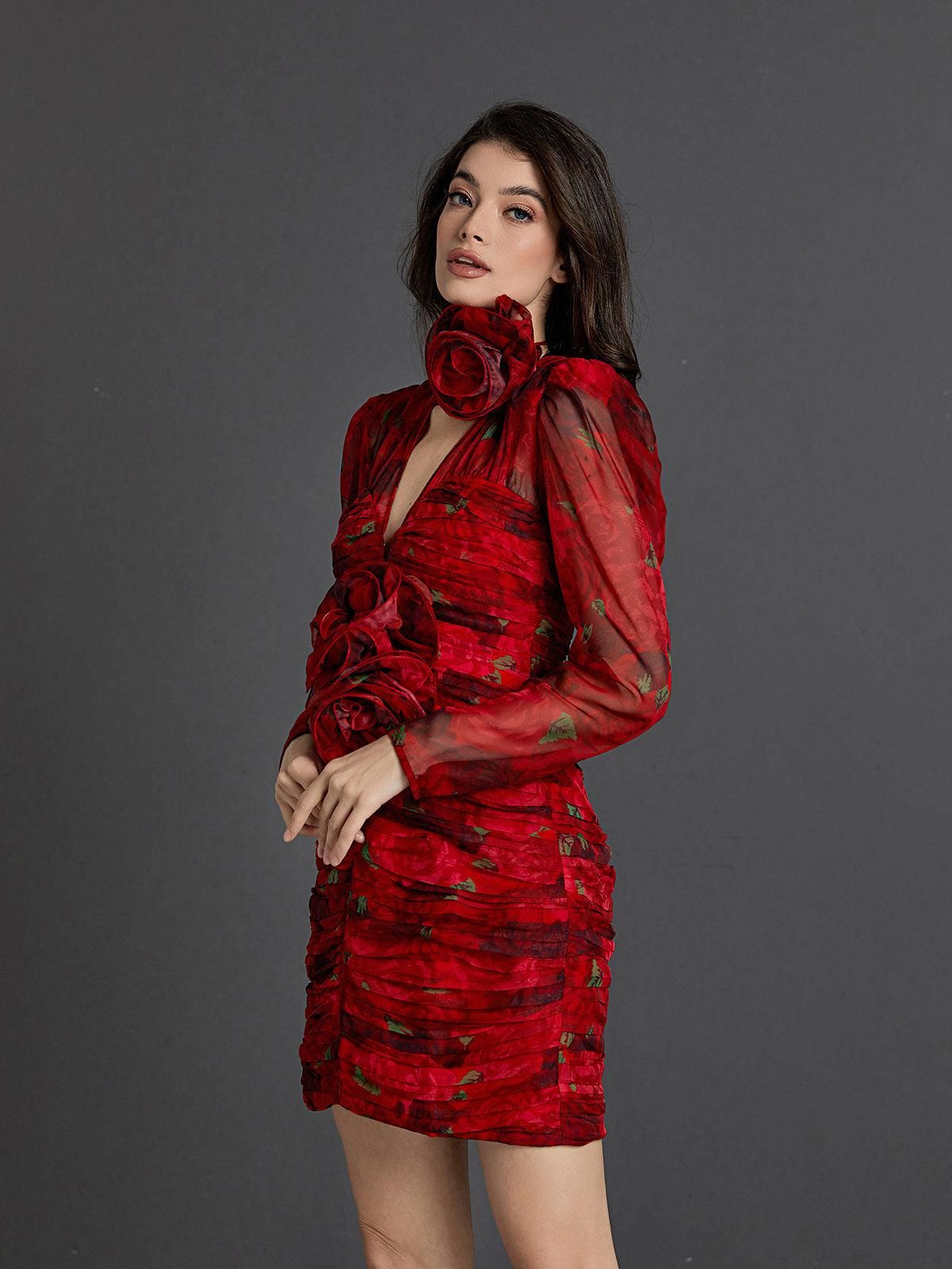 Zeynep V Neck Rose Printed Mini Dress sold by Mew Mews product image thumbnail 5