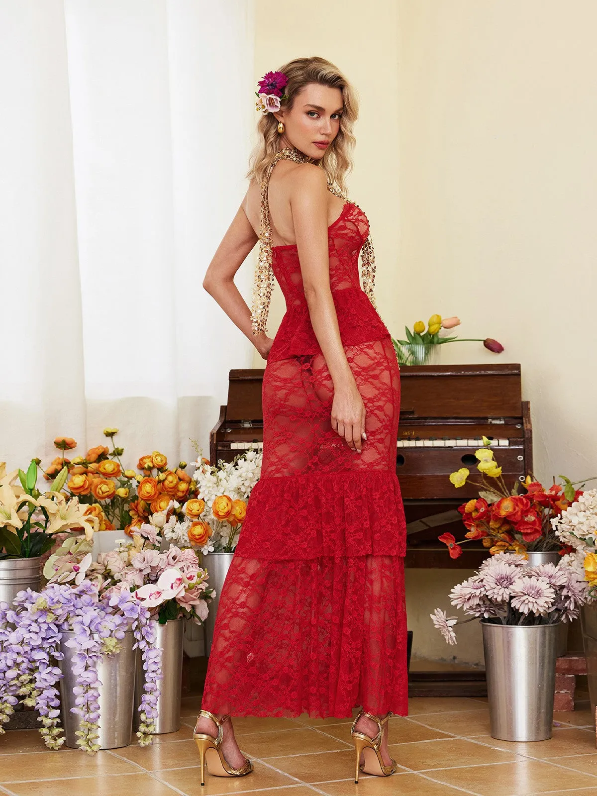 Senja Strapless Lace Mermaid Dress In Red sold by Mew Mews product image thumbnail 5