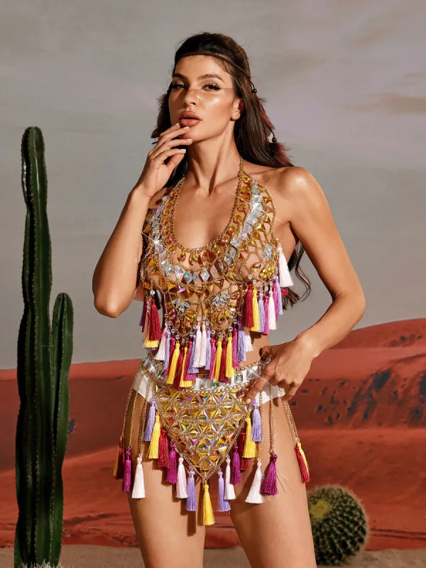 Priyal Rhinestone Fringe Body Chain Skirt Set sold by Mew Mews