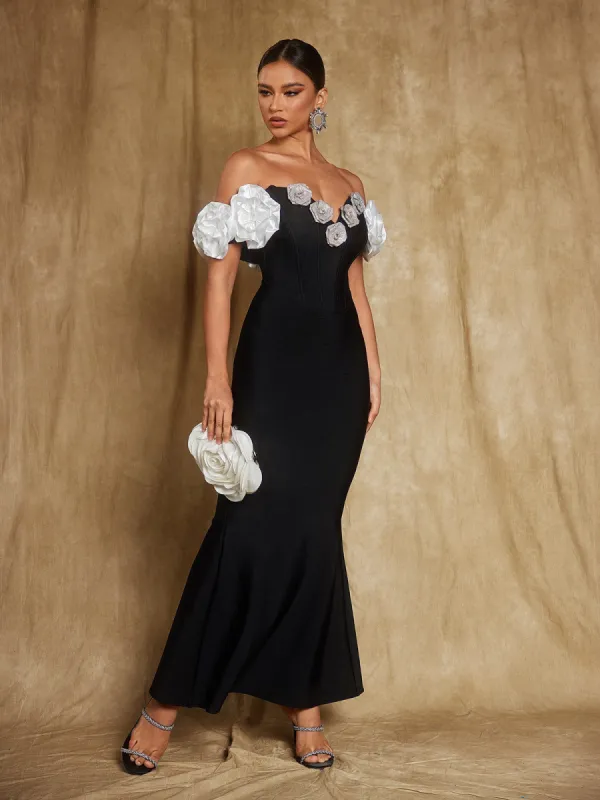 Evian Off Shoulder Flower Bandage Maxi Dress sold by Mew Mews
