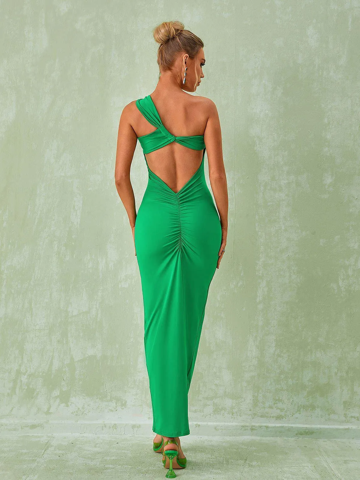 Emi One Shoulder Backless Maxi Dress In Green sold by Mew Mews