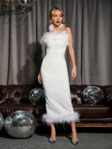 Salome Strapless Feather Trimmed Bandage Dress In White sold by Mew Mews