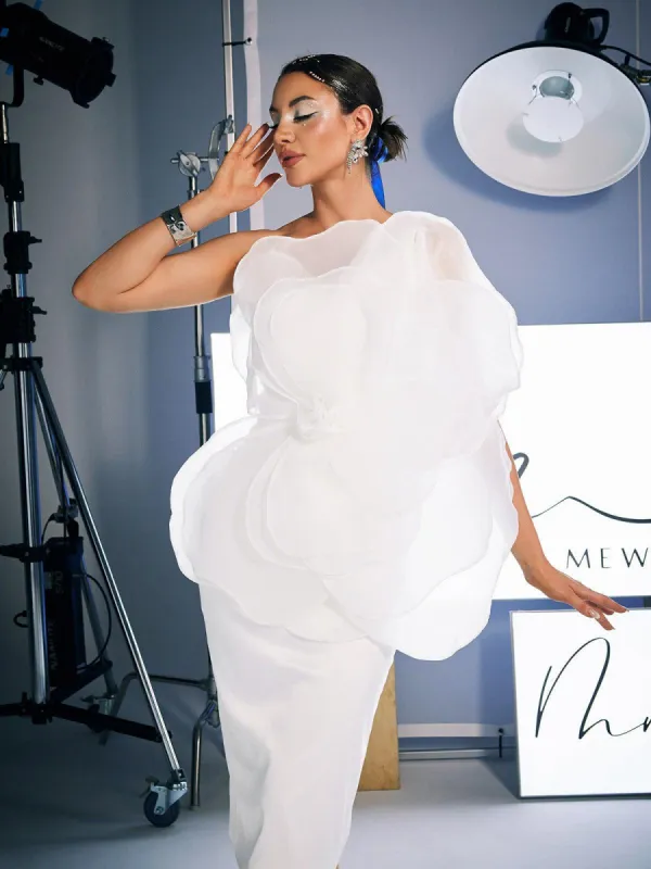 Gannon One Shoulder Flower Satin Midi Dress sold by Mew Mews