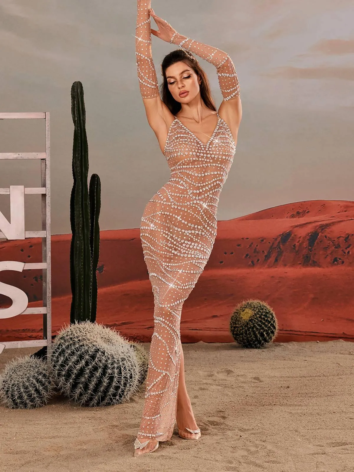 Amahl Spaghetti Rhinestone Mesh Maxi Dress sold by Mew Mews