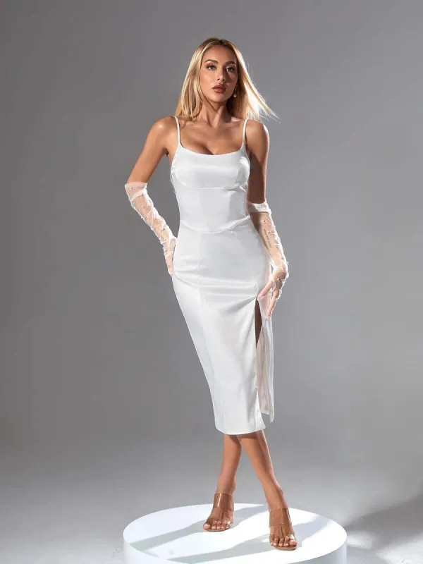 Annie Satin Midi Dress In Ivory sold by Mew Mews