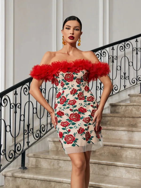 Saige Off Shoulder Floral Embroidered Mini Dress sold by Mew Mews