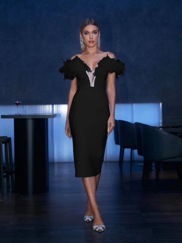 Major Off Shoulder Feather Bandage Dress In Black sold by Mew Mews