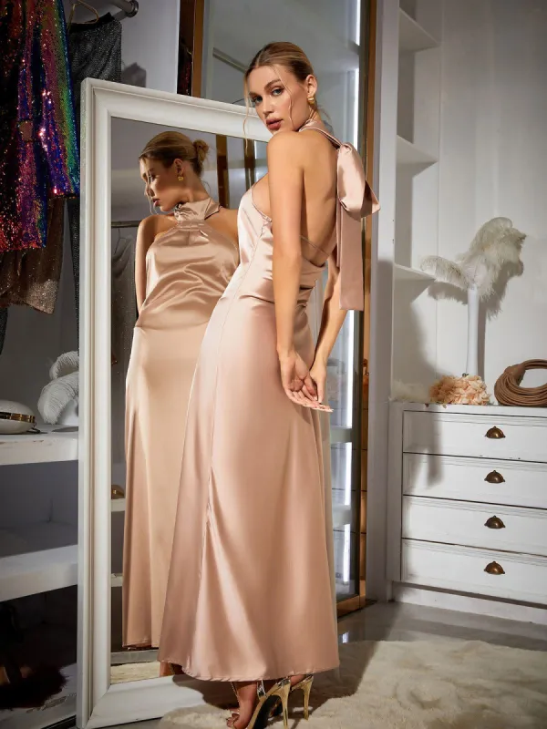 Flynn Satin Halterneck Maxi Dress In Beige sold by Mew Mews