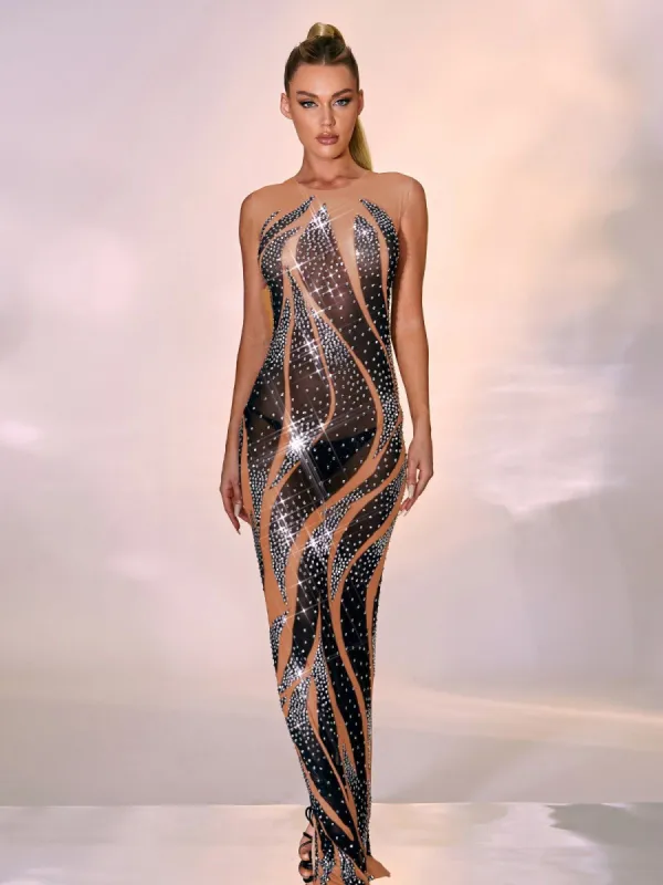 Emmaline Rhinestone Mesh Maxi Dress In Light Nude sold by Mew Mews