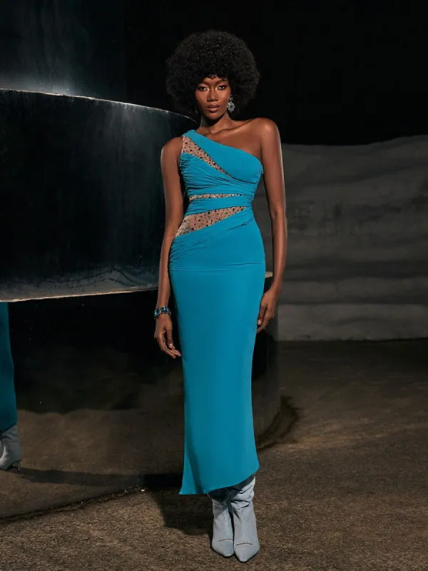 Enid One Shoulder Rhinestone Maxi Dress sold by Mew Mews