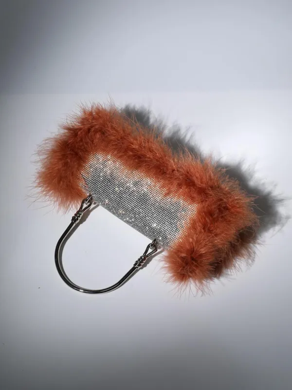 Sanna Feather Rhinestone Clutch In Brown sold by Mew Mews