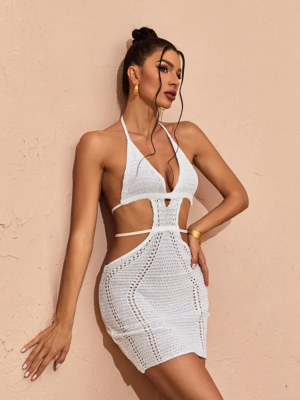 Rosalinda Halterneck Knit Mini Dress In White sold by Mew Mews