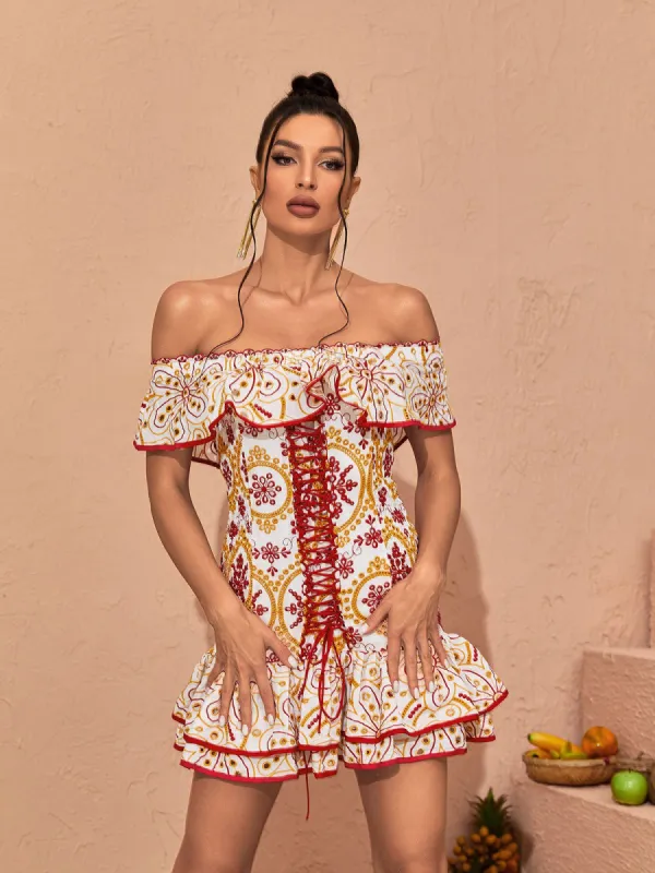 Amabel Off Shoulder Ruffle Mini Dress sold by Mew Mews