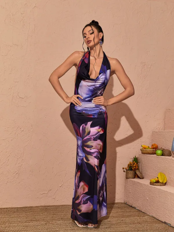Khaleesi Halterneck Floral Printed Maxi Dress sold by Mew Mews