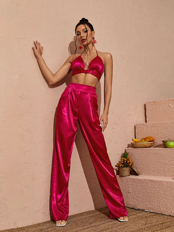 Zariyah Halterneck Satin Set In Hot Pink sold by Mew Mews