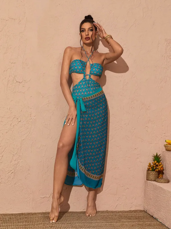 Landry Halterneck Printed  Swimwear Two Piece Set In Green sold by Mew Mews