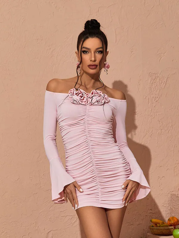 Yara Off Shoulder Rose Ruched Mini Dress sold by Mew Mews