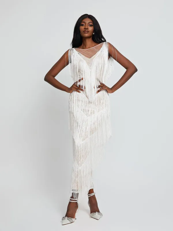 Behati V Neck Fringe Maxi Dress sold by Mew Mews