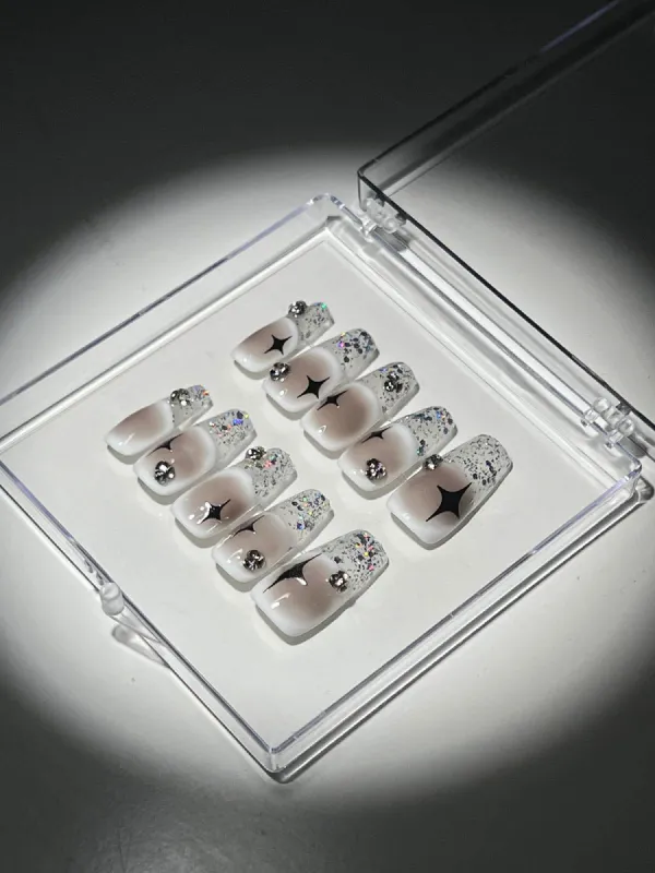 Star Coffin Glitter French Handmade Press On Nails sold by Mew Mews