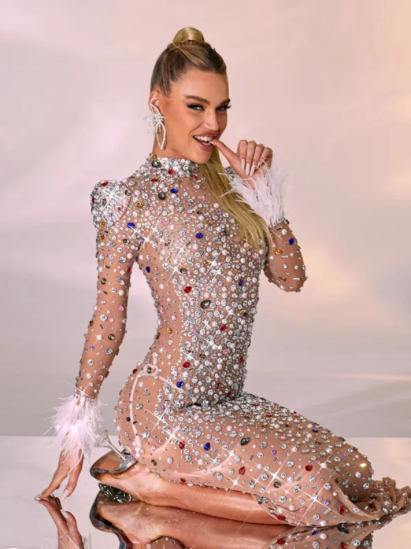 Celia Long Sleeve Embellished Feather Maxi Dress sold by Mew Mews