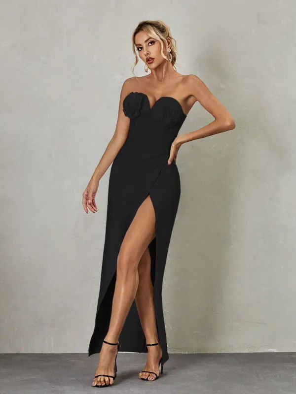 Nissa Strapless Flower Split Bandage Dress In Black sold by Mew Mews