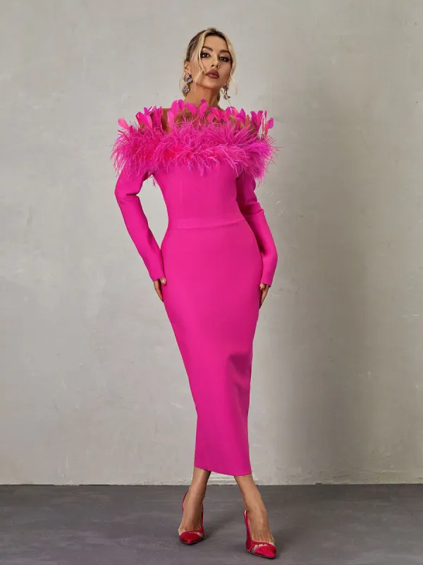 Ember Off Shoulder Feather Bandage Dress sold by Mew Mews