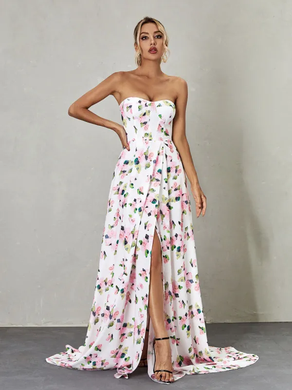 Kizzy Strapless Floral Split Maxi Dress made by Mew Mews