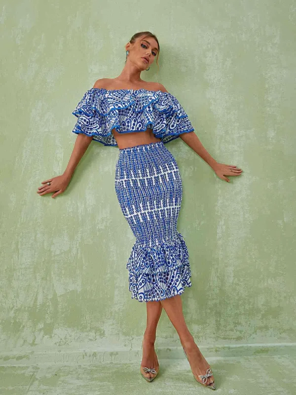 Wisteria Ruffle Off Shoulder Hollow Set In Blue sold by Mew Mews